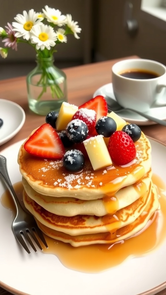 A delicious stack of pancakes with fruits and syrup on a breakfast table.